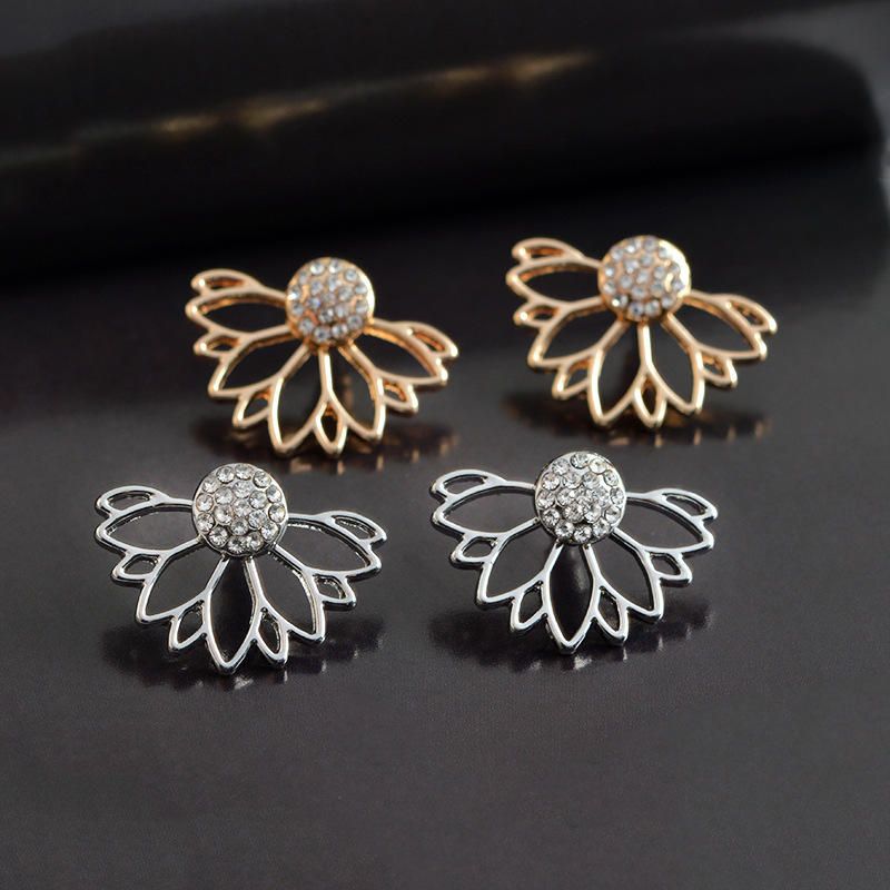 Trendy Rhinestone Earring Hollow Lotus Double Side Ear Stud Para Mujer