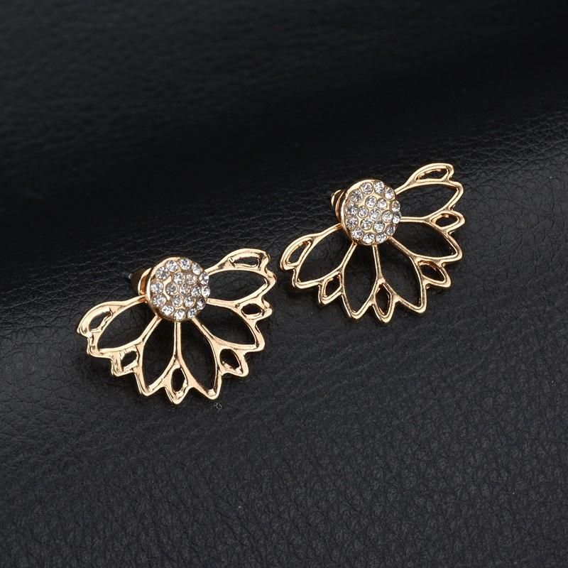 Trendy Rhinestone Earring Hollow Lotus Double Side Ear Stud Para Mujer