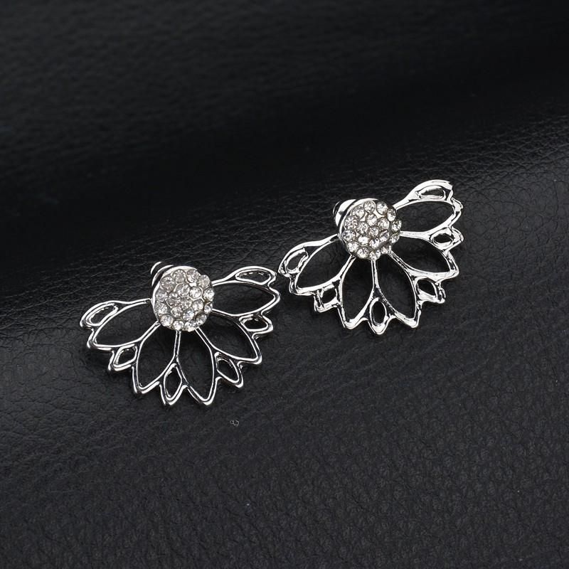 Trendy Rhinestone Earring Hollow Lotus Double Side Ear Stud Para Mujer