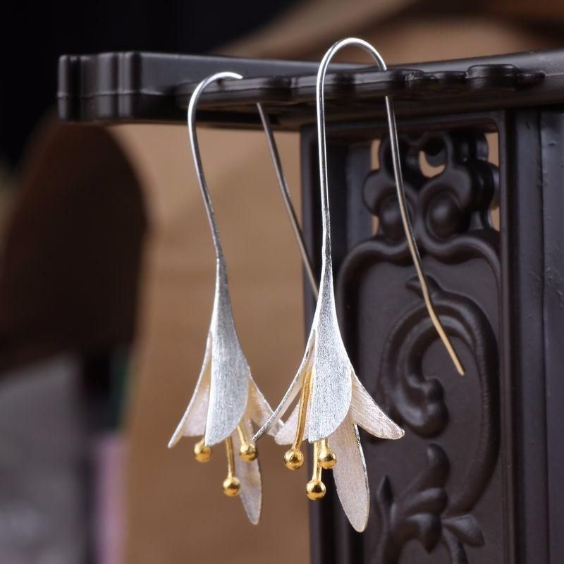 Trendy S925 Pendientes De Flor De Magnolia Delicados Con Forma De Gota De Plata Regalo Para Sus Mujeres