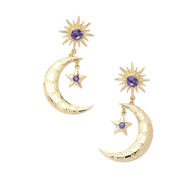 Trendy Sun Moon Star Pendientes De Gota De Oreja Grande Pendientes De Diamantes De Imitación Morados Para Mujeres