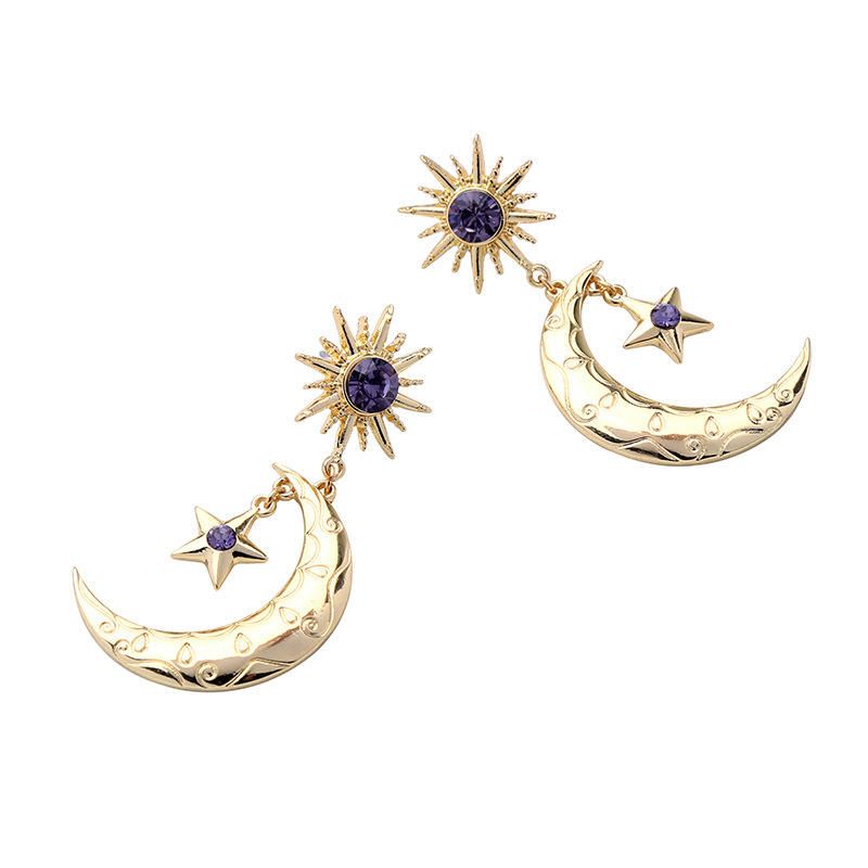 Trendy Sun Moon Star Pendientes De Gota De Oreja Grande Pendientes De Diamantes De Imitación Morados Para Mujeres