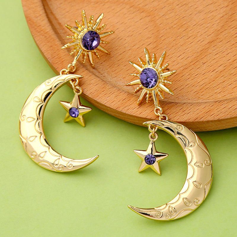 Trendy Sun Moon Star Pendientes De Gota De Oreja Grande Pendientes De Diamantes De Imitación Morados Para Mujeres