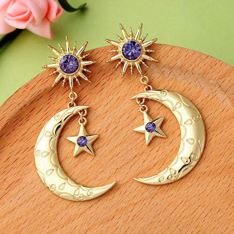 Trendy Sun Moon Star Pendientes De Gota De Oreja Grande Pendientes De Diamantes De Imitación Morados Para Mujeres