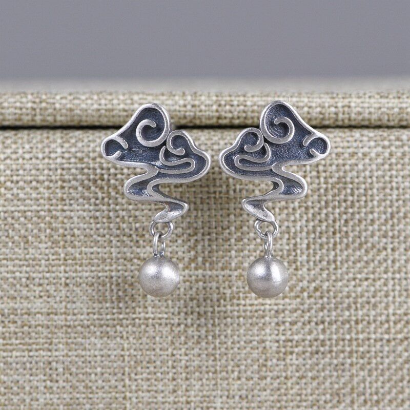 Vintage 925 Pendiente De Plata Esterlina Bola De Metal Colgante Nubes Ear Stud Mujeres Regalo De La Joyería