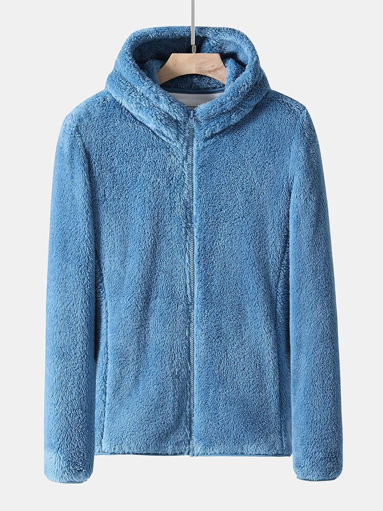 Chaqueta Con Capucha Y Cremallera De Manga Larga De Felpa Mullida De Color Sólido Para Hombre