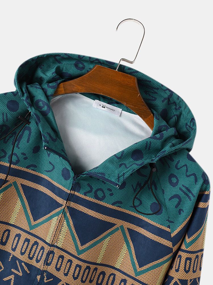 Chaqueta Cortavientos Portátil Con Capucha Y Cremallera De Estilo Étnico Con Patrón Tribal Para Hombre