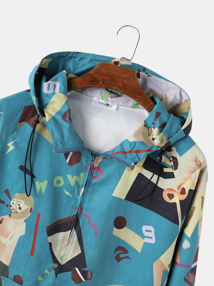 Chaqueta Cortavientos Portátil Con Capucha Y Media Cremallera Con Estampado De Figuras Divertidas Para Hombre