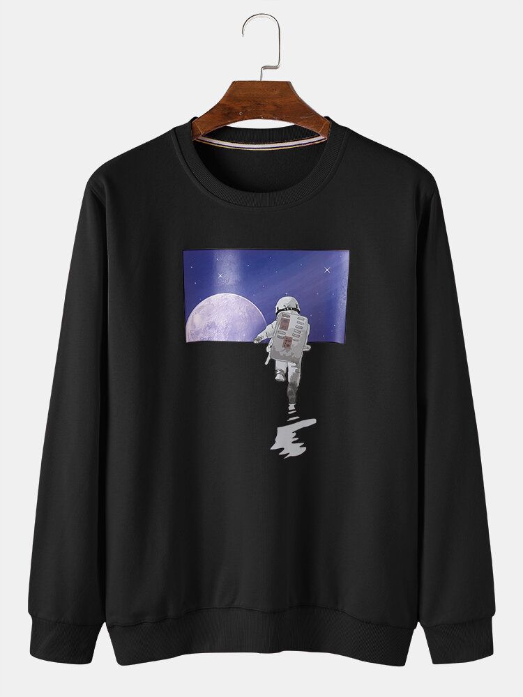 Hombre Astronaut Moon Graphic Cuello Redondo Algodón Casual Pullover Sudaderas