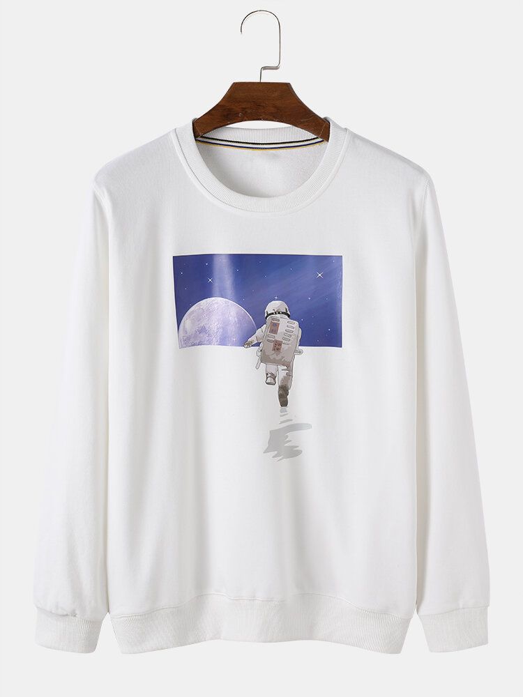 Hombre Astronaut Moon Graphic Cuello Redondo Algodón Casual Pullover Sudaderas