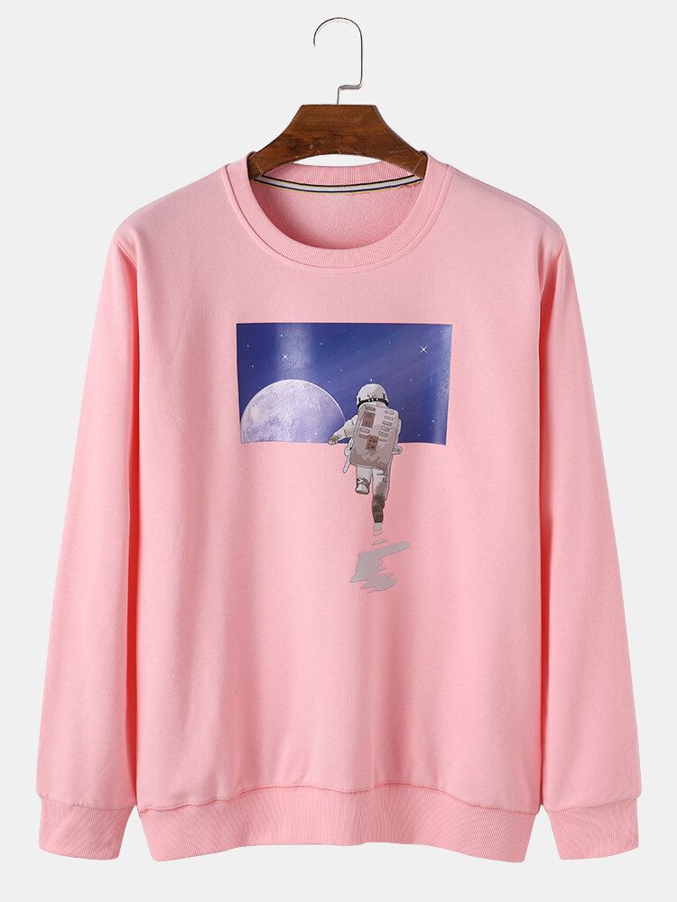 Hombre Astronaut Moon Graphic Cuello Redondo Algodón Casual Pullover Sudaderas