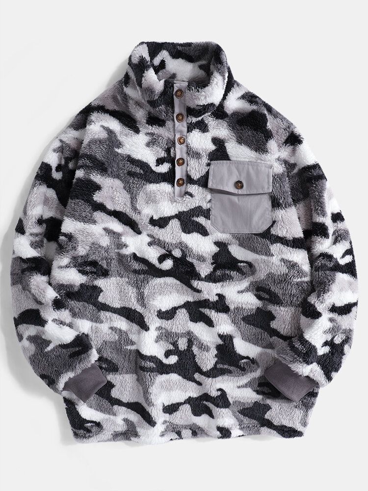 Hombre Camo Half Button Stand Collar Fluffy Plush Warm Pullover Sudaderas