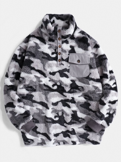 Hombre Camo Half Button Stand Collar Fluffy Plush Warm Pullover Sudaderas