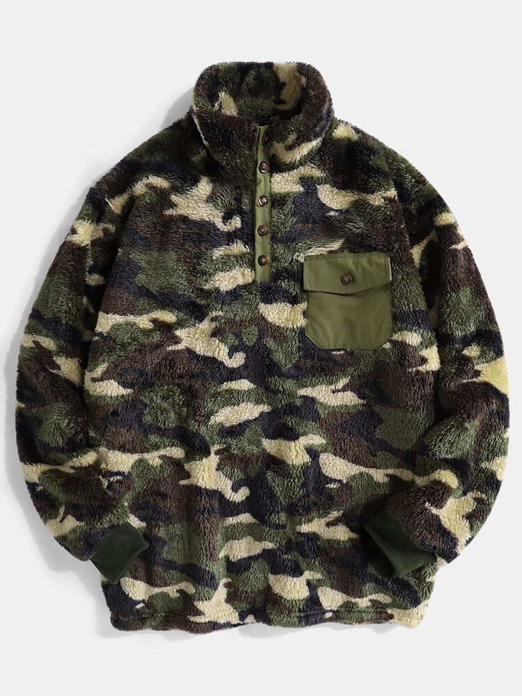 Hombre Camo Half Button Stand Collar Fluffy Plush Warm Pullover Sudaderas