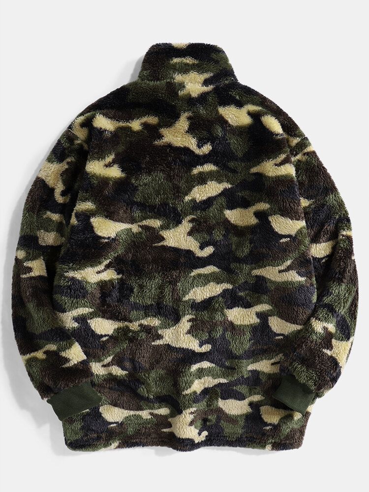 Hombre Camo Half Button Stand Collar Fluffy Plush Warm Pullover Sudaderas