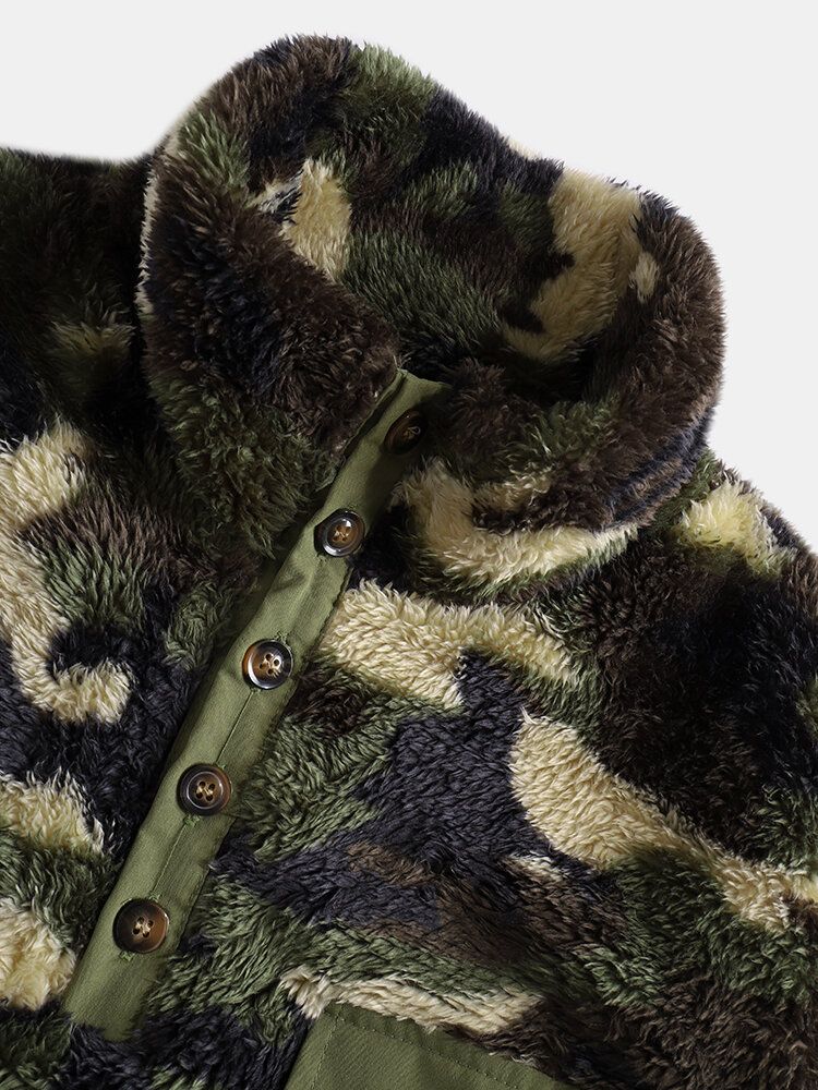 Hombre Camo Half Button Stand Collar Fluffy Plush Warm Pullover Sudaderas