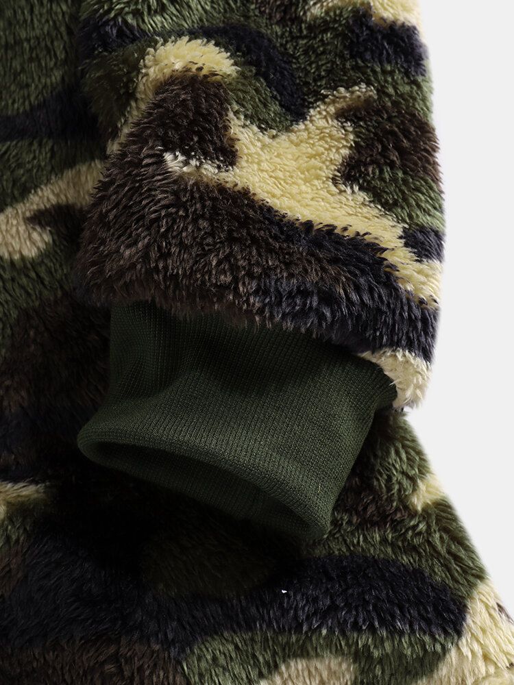 Hombre Camo Half Button Stand Collar Fluffy Plush Warm Pullover Sudaderas