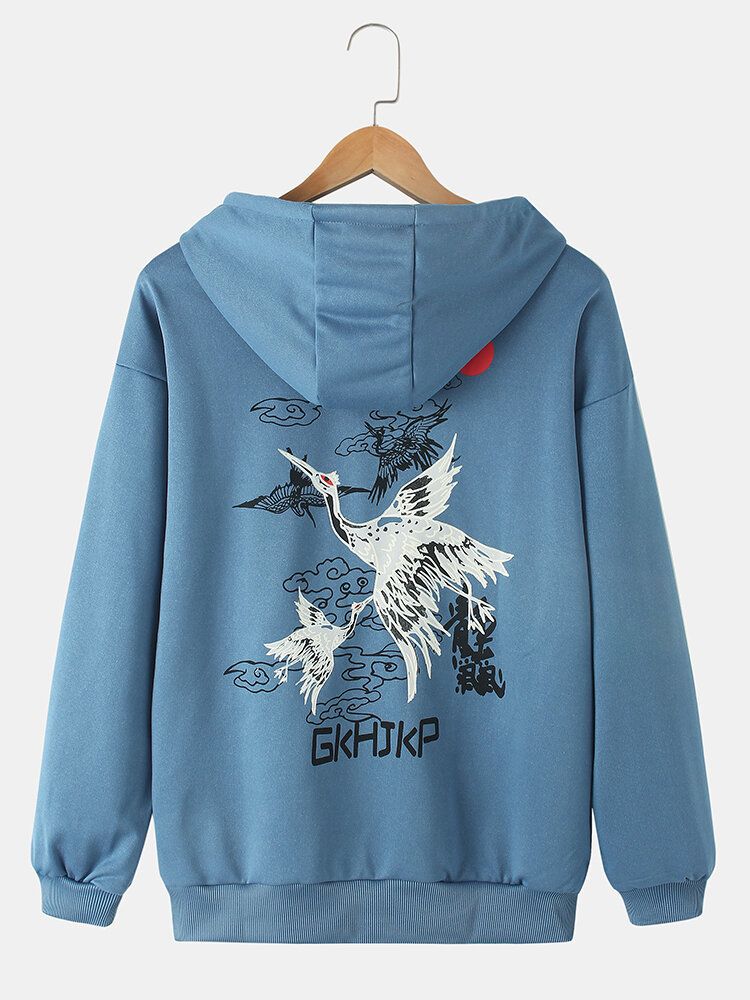 Hombre Crane National Style Ukiyo Back Print Daily Sudadera Con Capucha Suelta