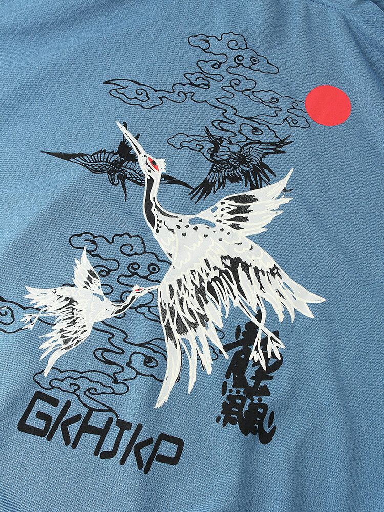 Hombre Crane National Style Ukiyo Back Print Daily Sudadera Con Capucha Suelta