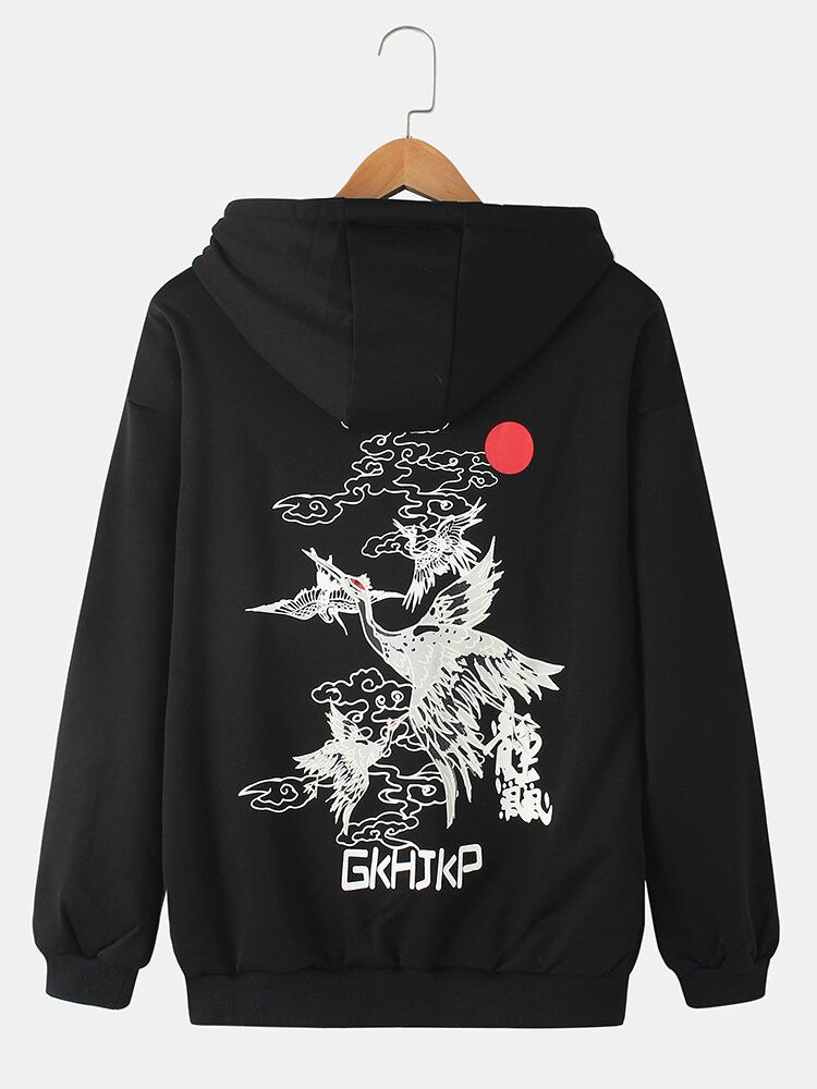 Hombre Crane National Style Ukiyo Back Print Daily Sudadera Con Capucha Suelta