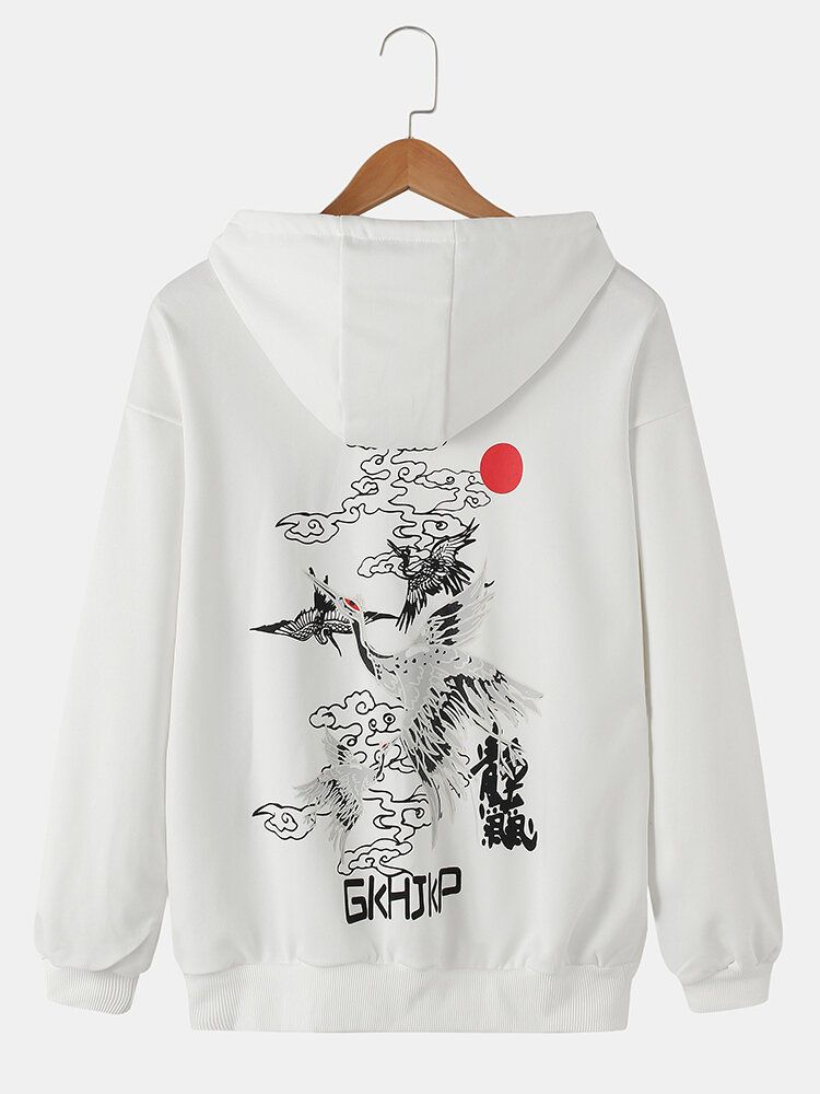 Hombre Crane National Style Ukiyo Back Print Daily Sudadera Con Capucha Suelta