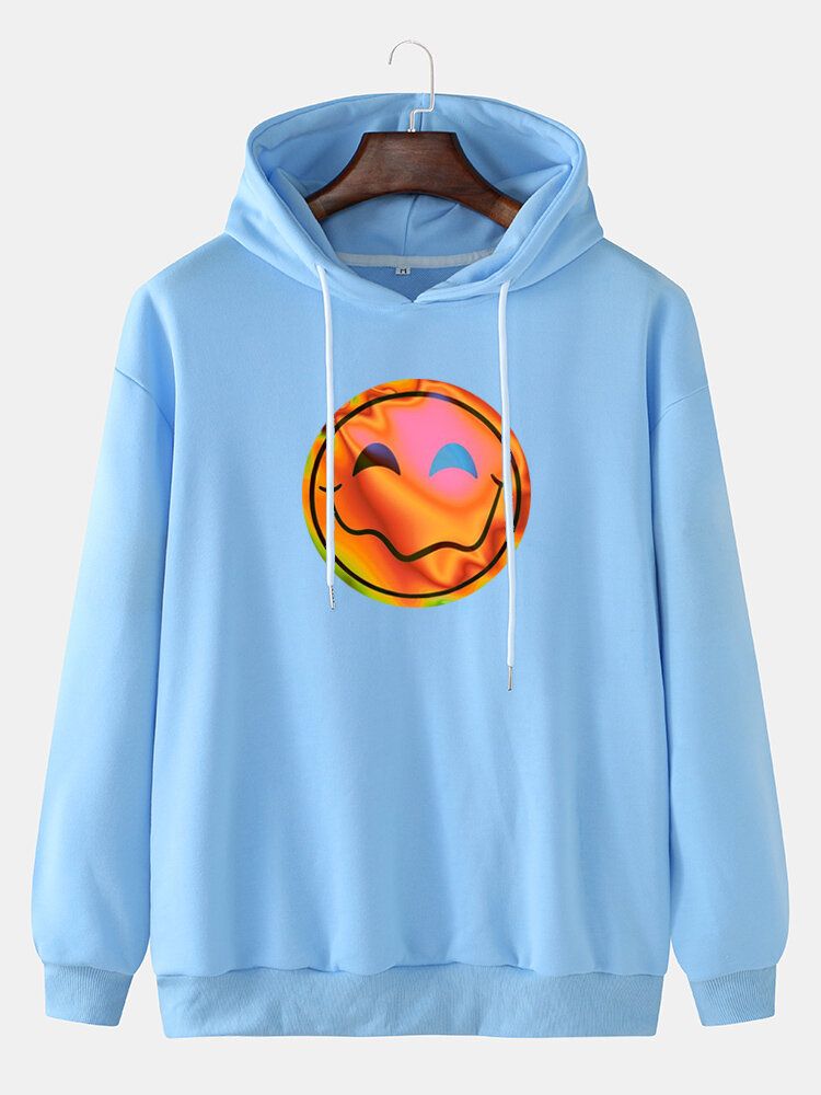 Hombre Funny Flame Smile Emojis Print Drawstring Casual Pullover Hoodie