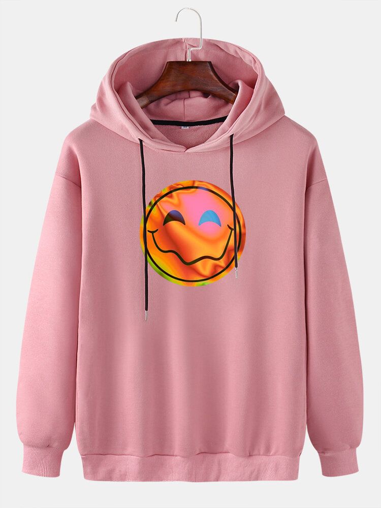 Hombre Funny Flame Smile Emojis Print Drawstring Casual Pullover Hoodie