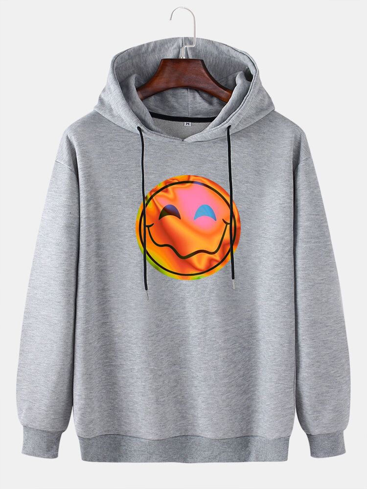 Hombre Funny Flame Smile Emojis Print Drawstring Casual Pullover Hoodie