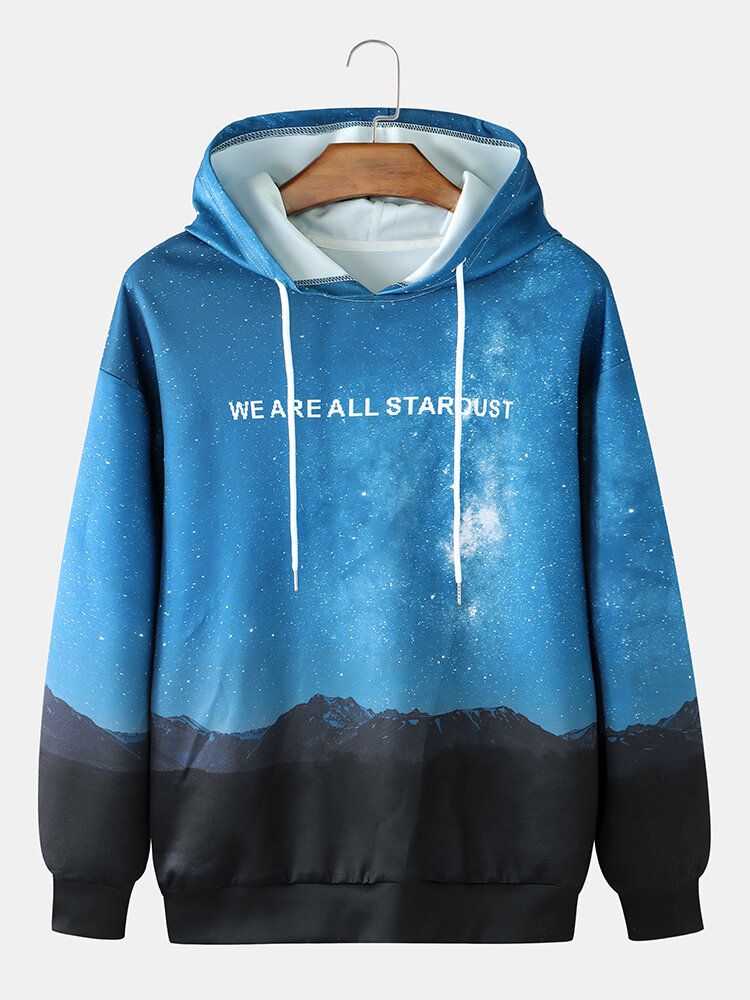 Hombre Slogan Night Scenery Print Casual Pullover Drawstring Hoodie