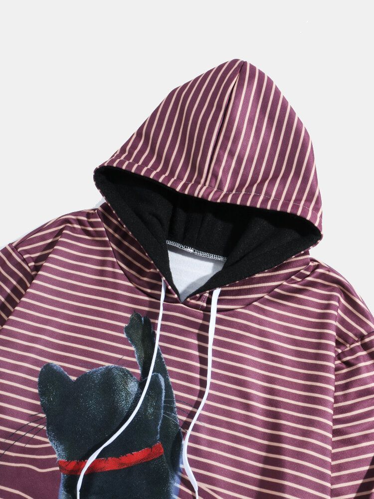 Hombre Stripe Print 3d Cat Graphics Cálido Bolsillo De Manga Larga Cute Drawstring Hoodies