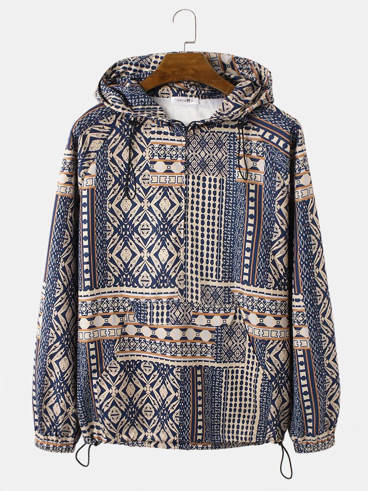 Hombre Vintage Tribal Pattern Print Drawstrin Hem Pullover Hoodie Chaqueta Cortavientos Portátil