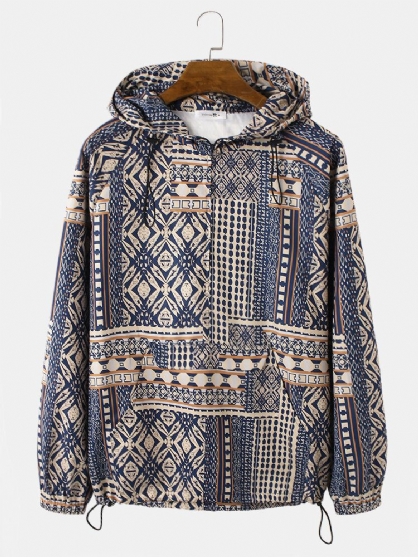 Hombre Vintage Tribal Pattern Print Drawstrin Hem Pullover Hoodie Chaqueta Cortavientos Portátil