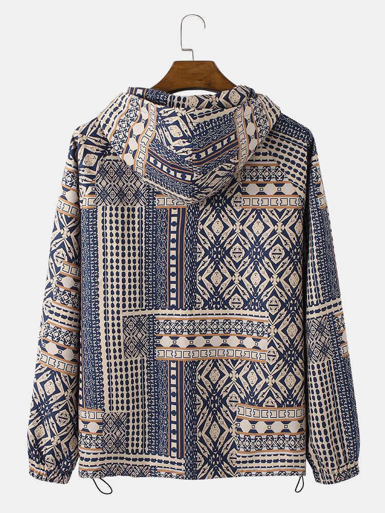 Hombre Vintage Tribal Pattern Print Drawstrin Hem Pullover Hoodie Chaqueta Cortavientos Portátil