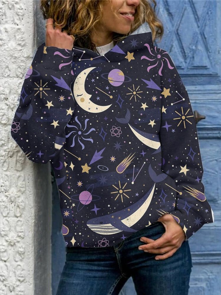 Mujeres Allover Galaxy Element Print Casual Relaxed Fit Daily Pullover Hoodie