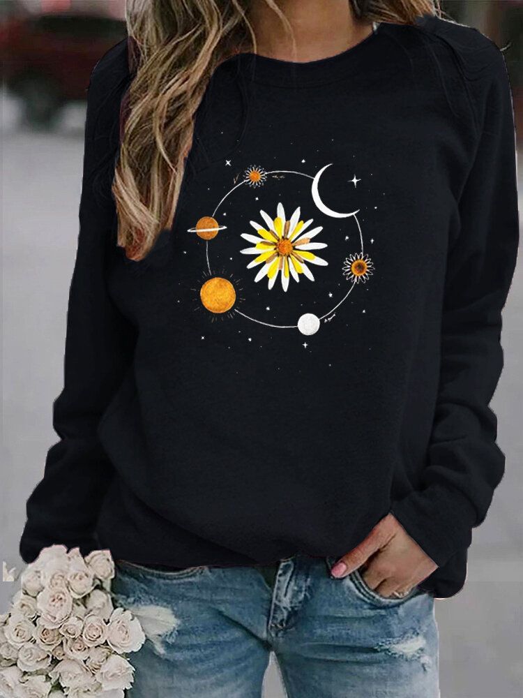 Mujeres Daisy Galaxy Imprimir Cuello Redondo Pullover Casual Sudaderas De Manga Larga