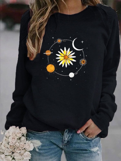 Mujeres Daisy Galaxy Imprimir Cuello Redondo Pullover Casual Sudaderas De Manga Larga