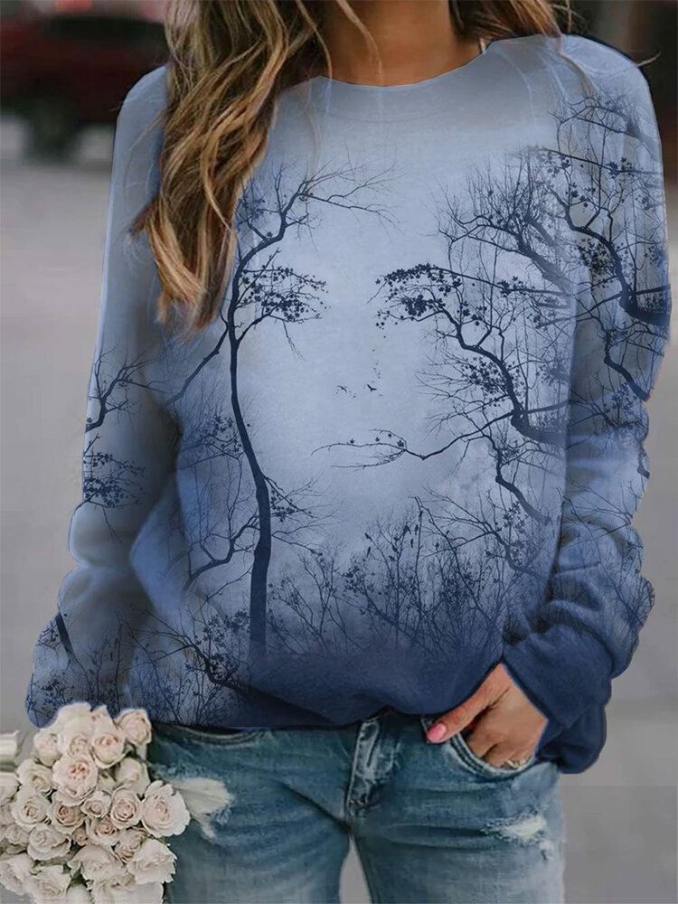 Mujeres Design Forest Figure Print Pullover Sudaderas De Manga Larga