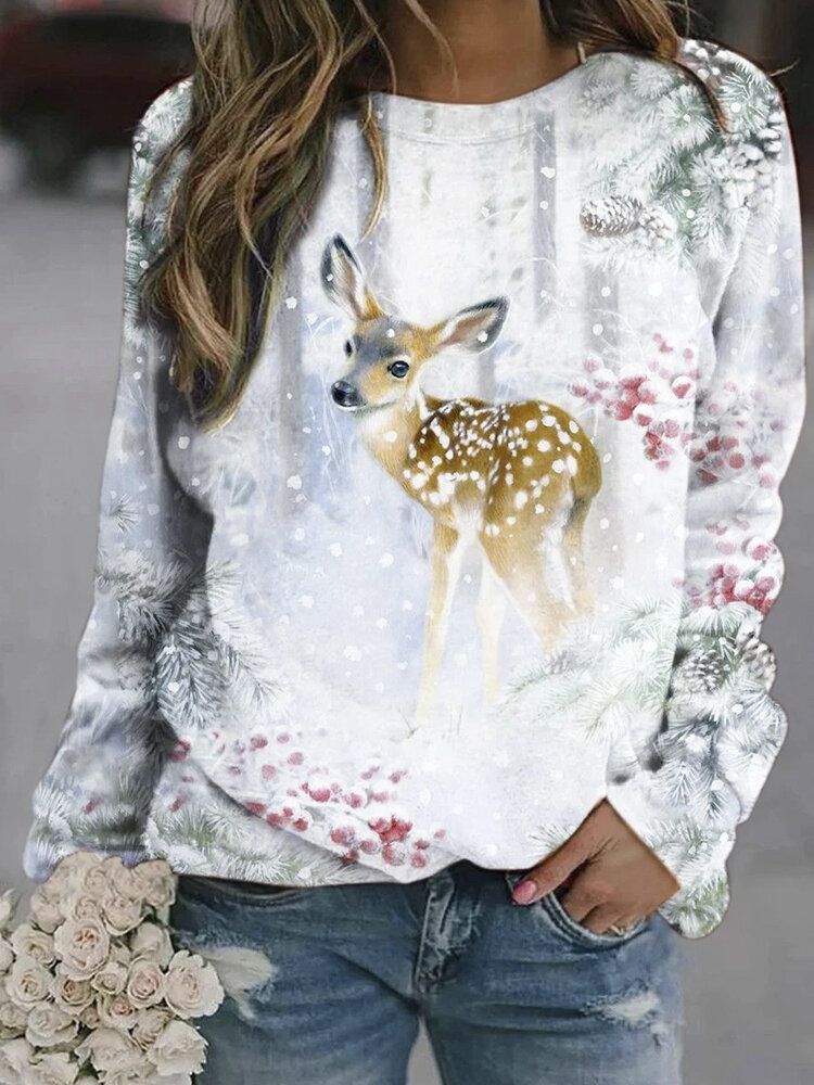 Mujeres Elk Print Snow Landscape Pullover Cuello Redondo Sudaderas De Manga Larga