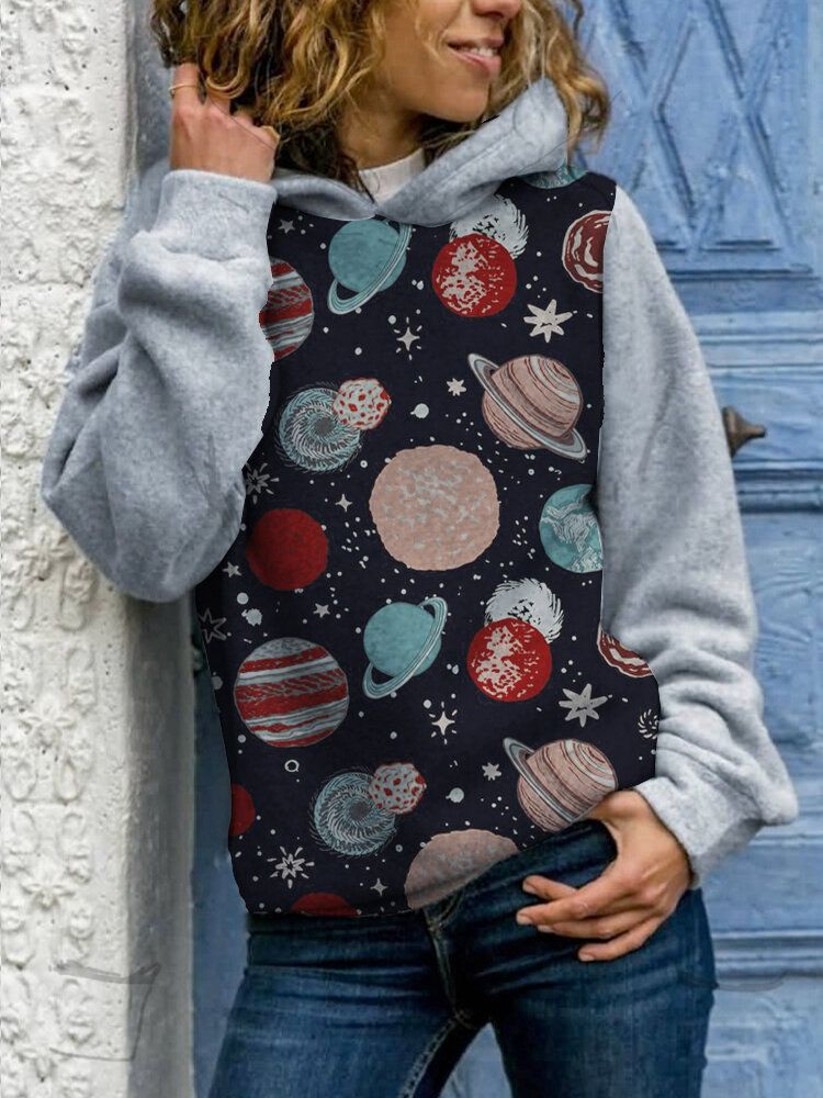 Mujeres Planetas De Colores Imprimir Patchwork Causal Sudadera Con Capucha