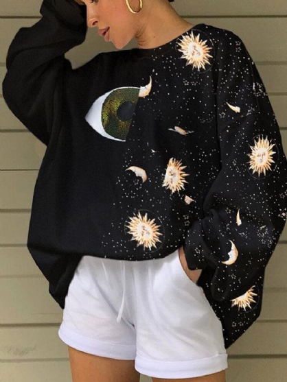 Mujeres Starry Sky & Eye Graphics Patchwork Black Pullover Sudaderas Sueltas