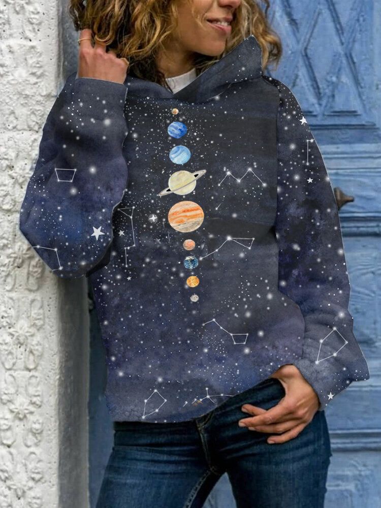 Mujeres Starry Sky Space Printing Casual Loose Fit Pullover Hoodie