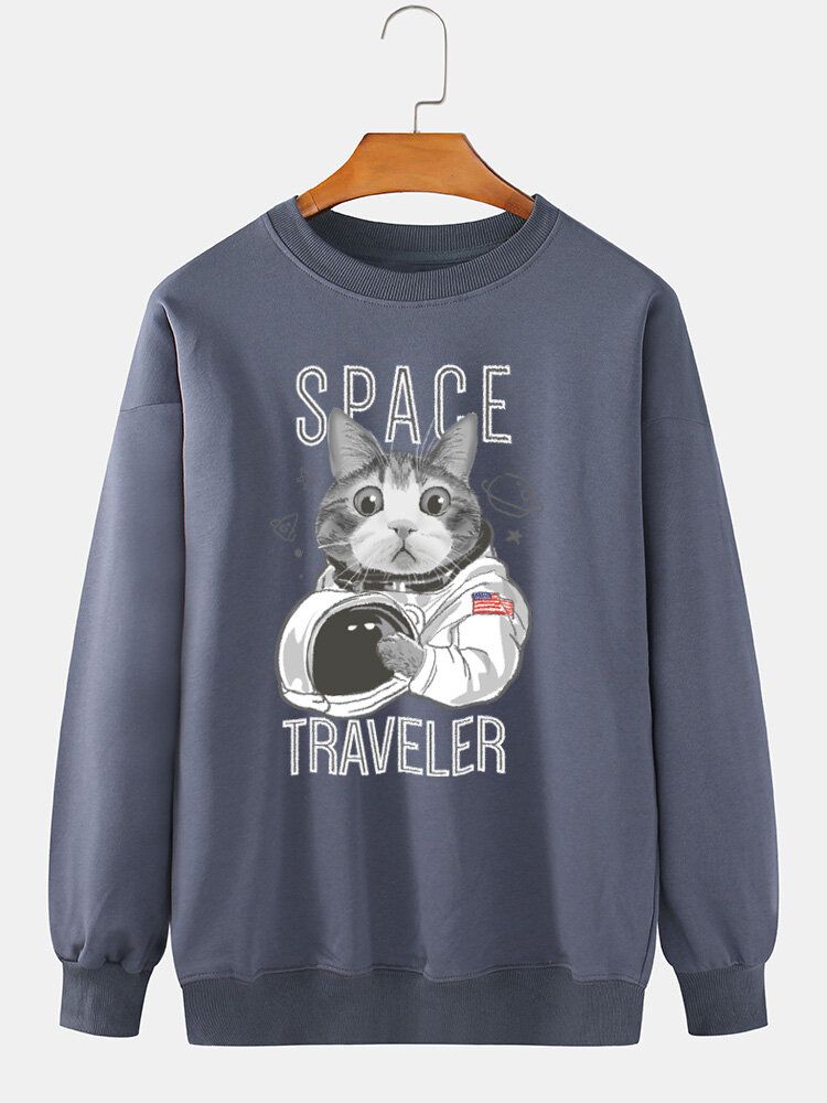 Sudadera De Algodón Con Cuello Redondo Y Estampado Gráfico De Space Cat Para Hombre