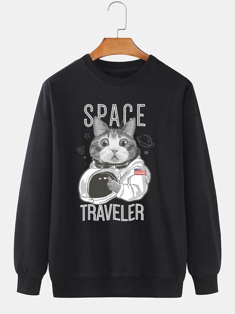 Sudadera De Algodón Con Cuello Redondo Y Estampado Gráfico De Space Cat Para Hombre