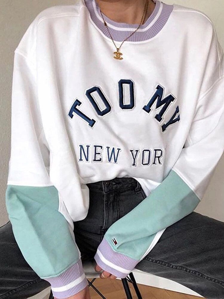 Sudadera Casual De Manga Larga Con Bloques De Color Y Estampado De Letras De Algodón Para Mujer