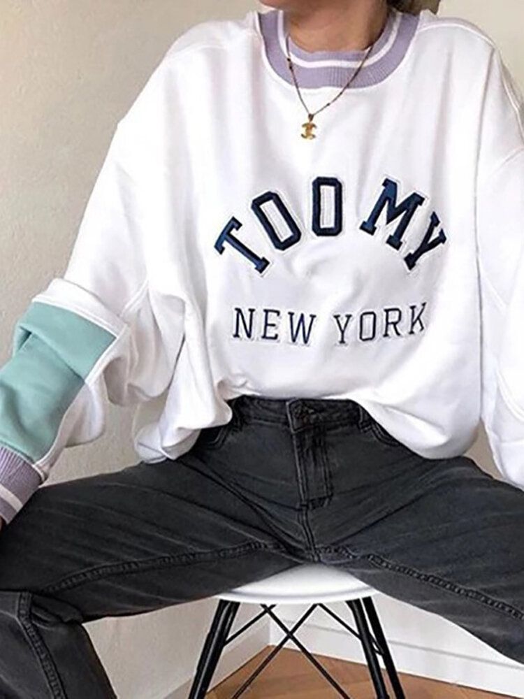 Sudadera Casual De Manga Larga Con Bloques De Color Y Estampado De Letras De Algodón Para Mujer