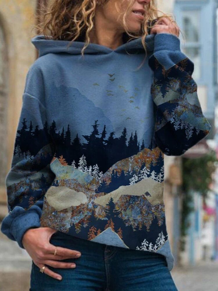 Sudadera Casual De Manga Larga Con Capucha Y Estampado De Paisaje Para Mujer