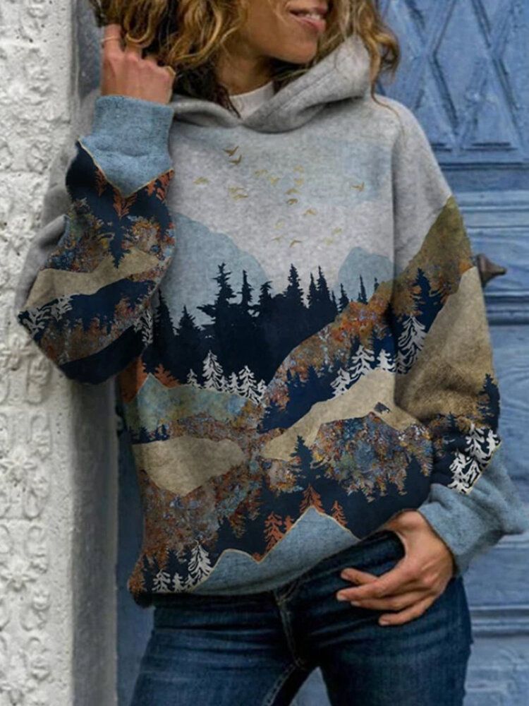 Sudadera Casual De Manga Larga Con Capucha Y Estampado De Paisaje Para Mujer