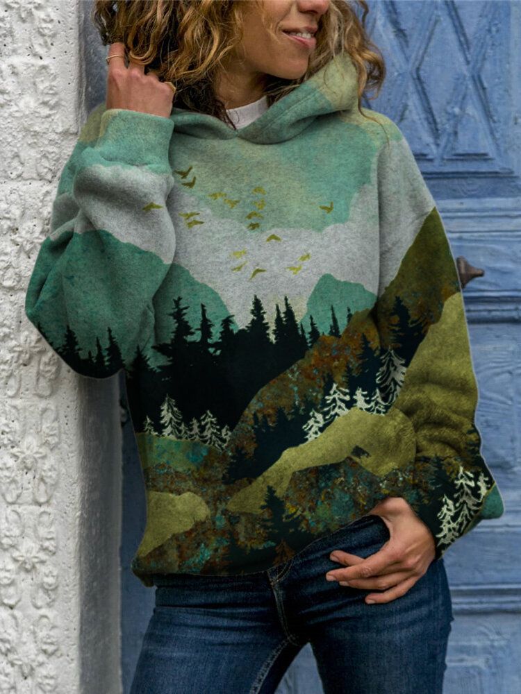 Sudadera Casual De Manga Larga Con Capucha Y Estampado De Paisaje Para Mujer