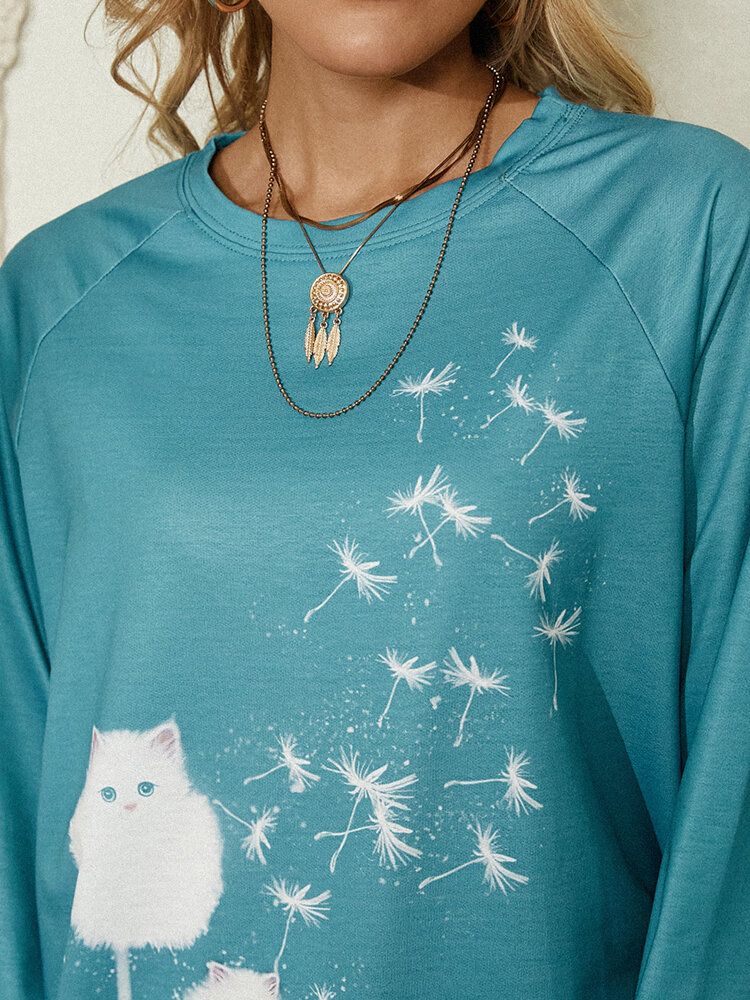 Sudadera Casual De Manga Larga Con Cuello Redondo Y Estampado De Diente De León De Gato Lindo Para Mujer