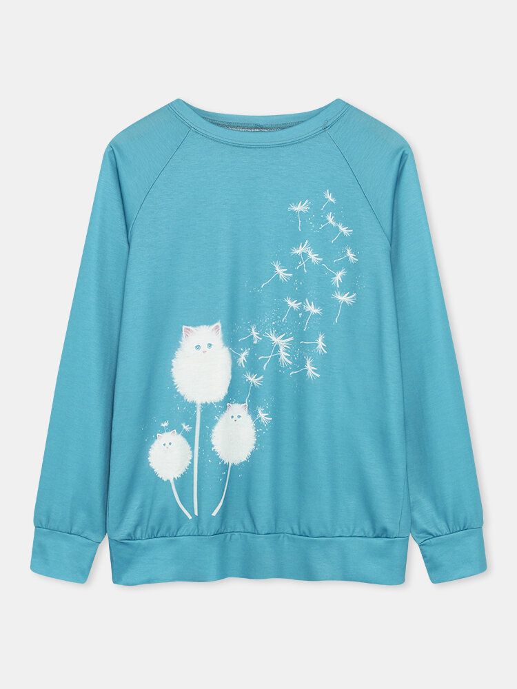 Sudadera Casual De Manga Larga Con Cuello Redondo Y Estampado De Diente De León De Gato Lindo Para Mujer